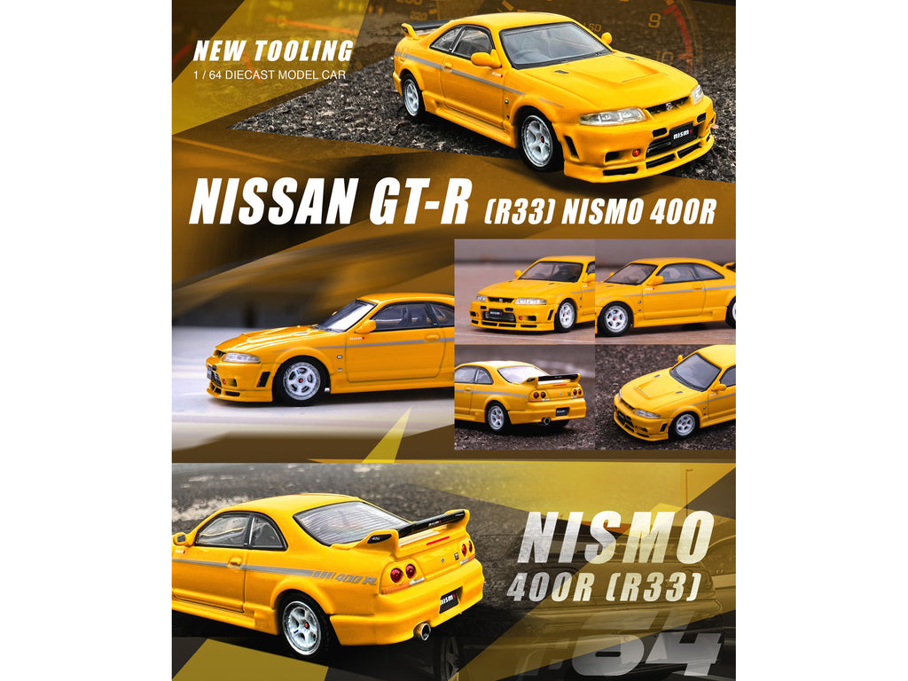 Nissan Skyline GT-R (R33) Nismo 400R RHD (Right Hand Drive) Lightning Yellow with Silver Stripes 1/64 Diecast Model Car by Inno Models - image 3