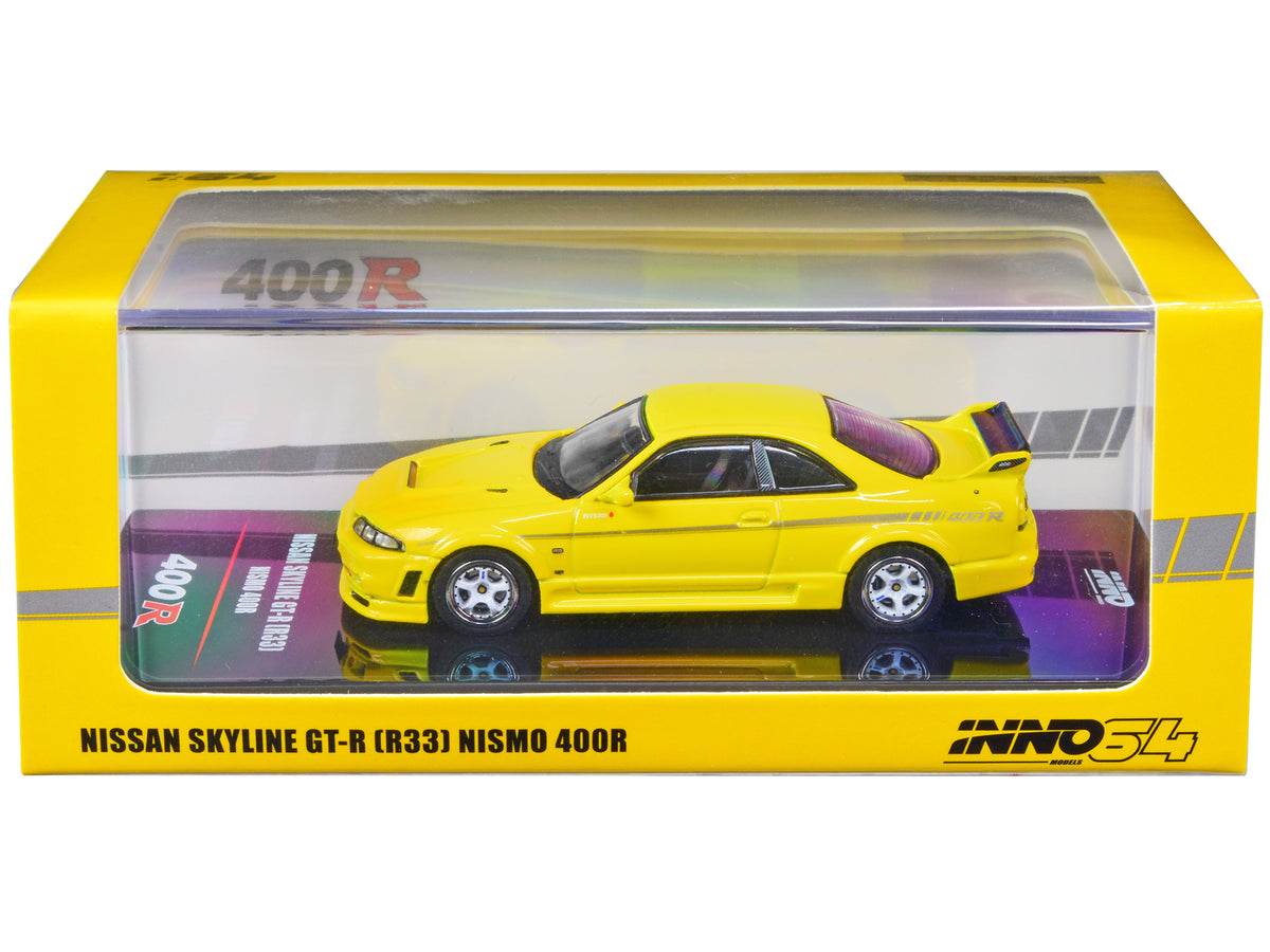 Nissan Skyline GT-R (R33) Nismo 400R RHD (Right Hand Drive) Lightning Yellow with Silver Stripes 1/64 Diecast Model Car by Inno Models