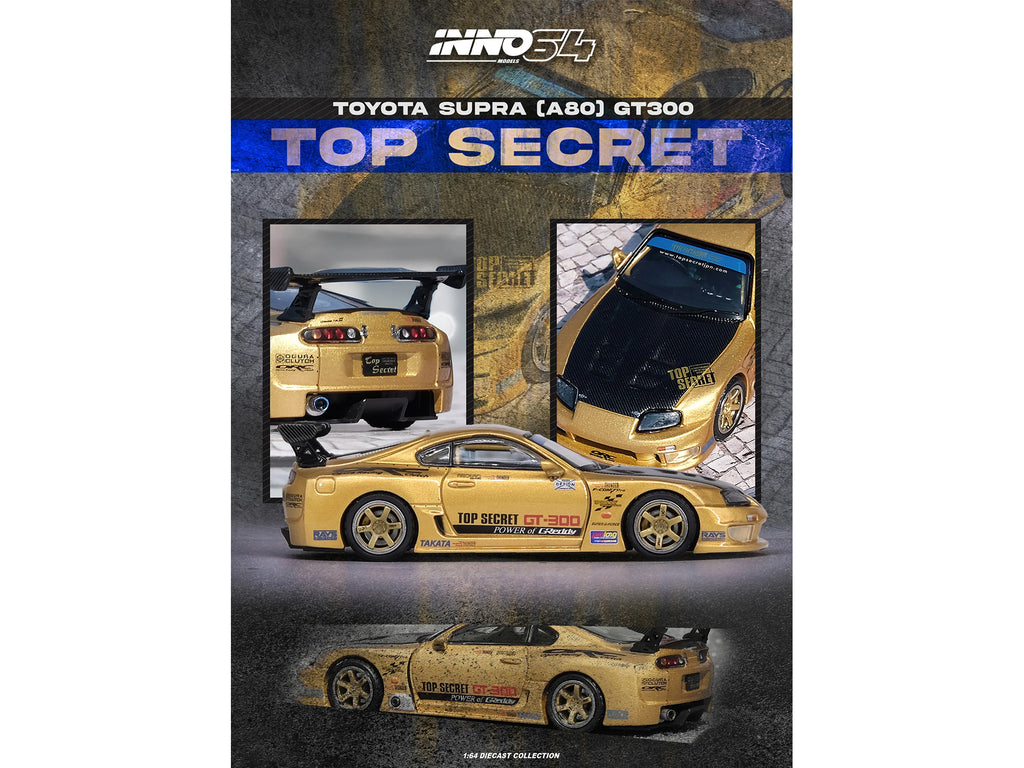 Toyota Supra (A80) "Top Secret" GT300 RHD (Right Hand Drive) Gold Metallic with Carbon Hood 1/64 Diecast Model Car by Inno Models - image 3