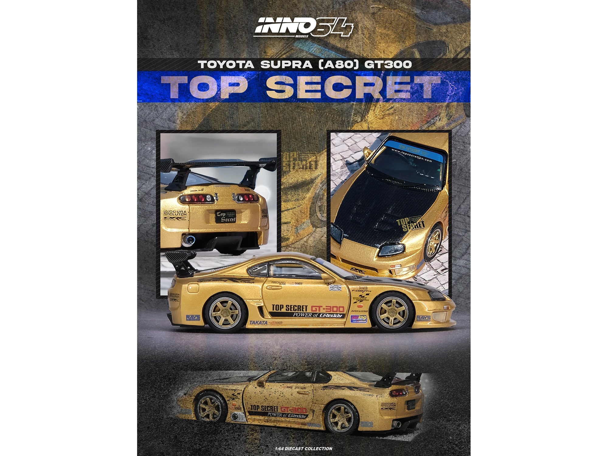 Toyota Supra (A80) "Top Secret" GT300 RHD (Right Hand Drive) Gold Metallic with Carbon Hood 1/64 Diecast Model Car by Inno Models - image 3