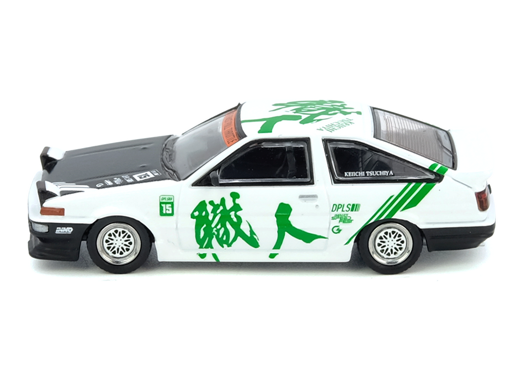 Toyota Sprinter Trueno (AE86) RHD (Right Hand Drive) #15 "Keiichi Tsuchiya" White with Green Graphics 1/64 Diecast Model Car by Inno Models - image 2