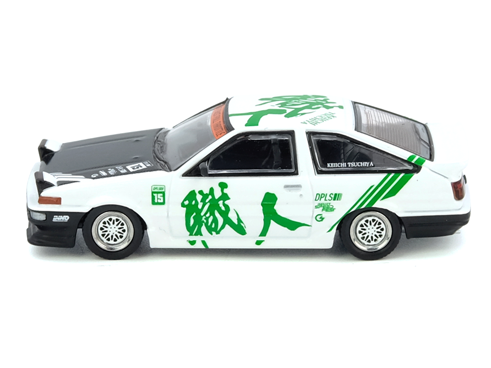 Toyota Sprinter Trueno (AE86) RHD (Right Hand Drive) #15 "Keiichi Tsuchiya" White with Green Graphics 1/64 Diecast Model Car by Inno Models - image 2
