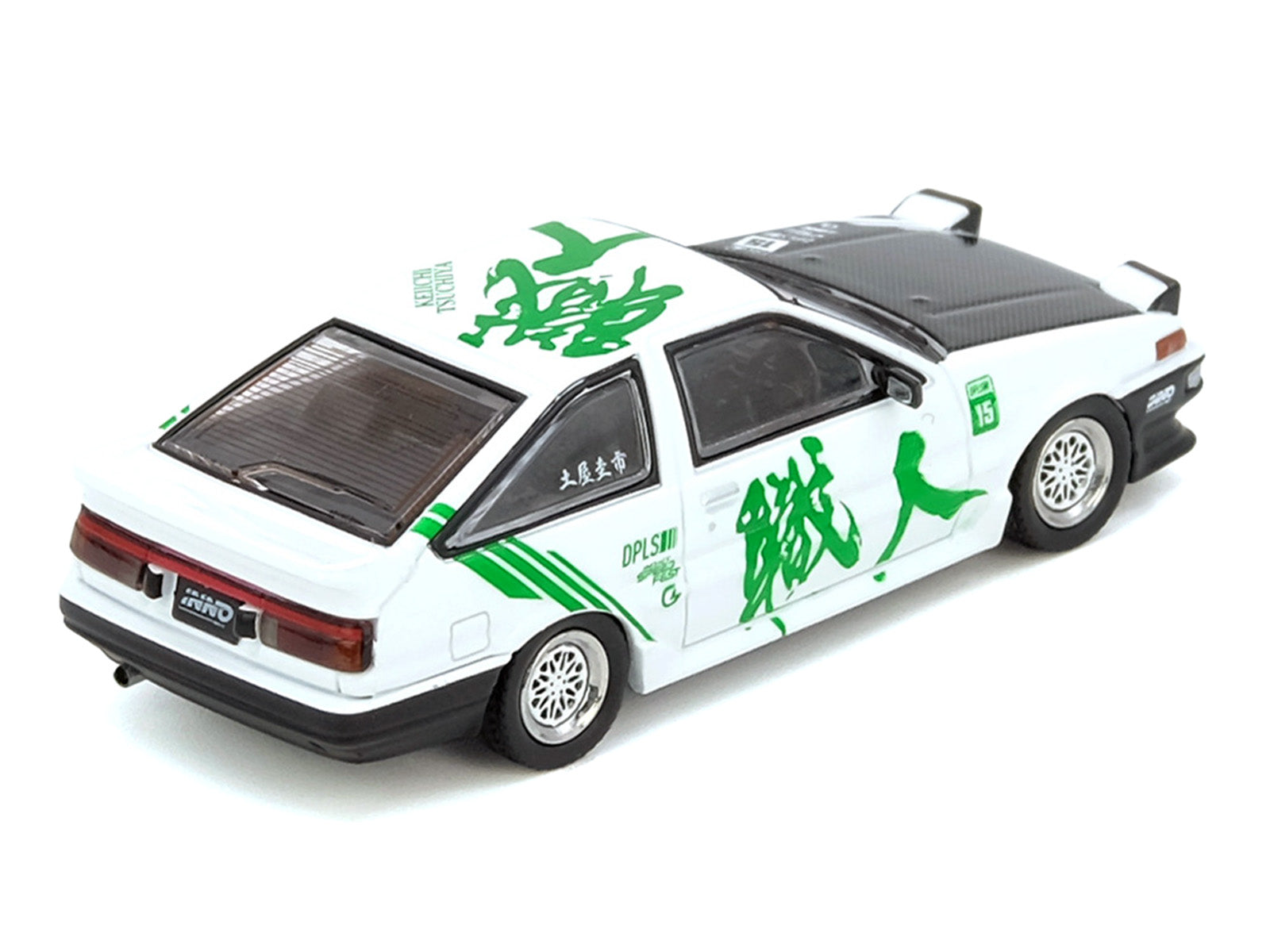 Toyota Sprinter Trueno (AE86) RHD (Right Hand Drive) #15 "Keiichi Tsuchiya" White with Green Graphics 1/64 Diecast Model Car by Inno Models - image 3