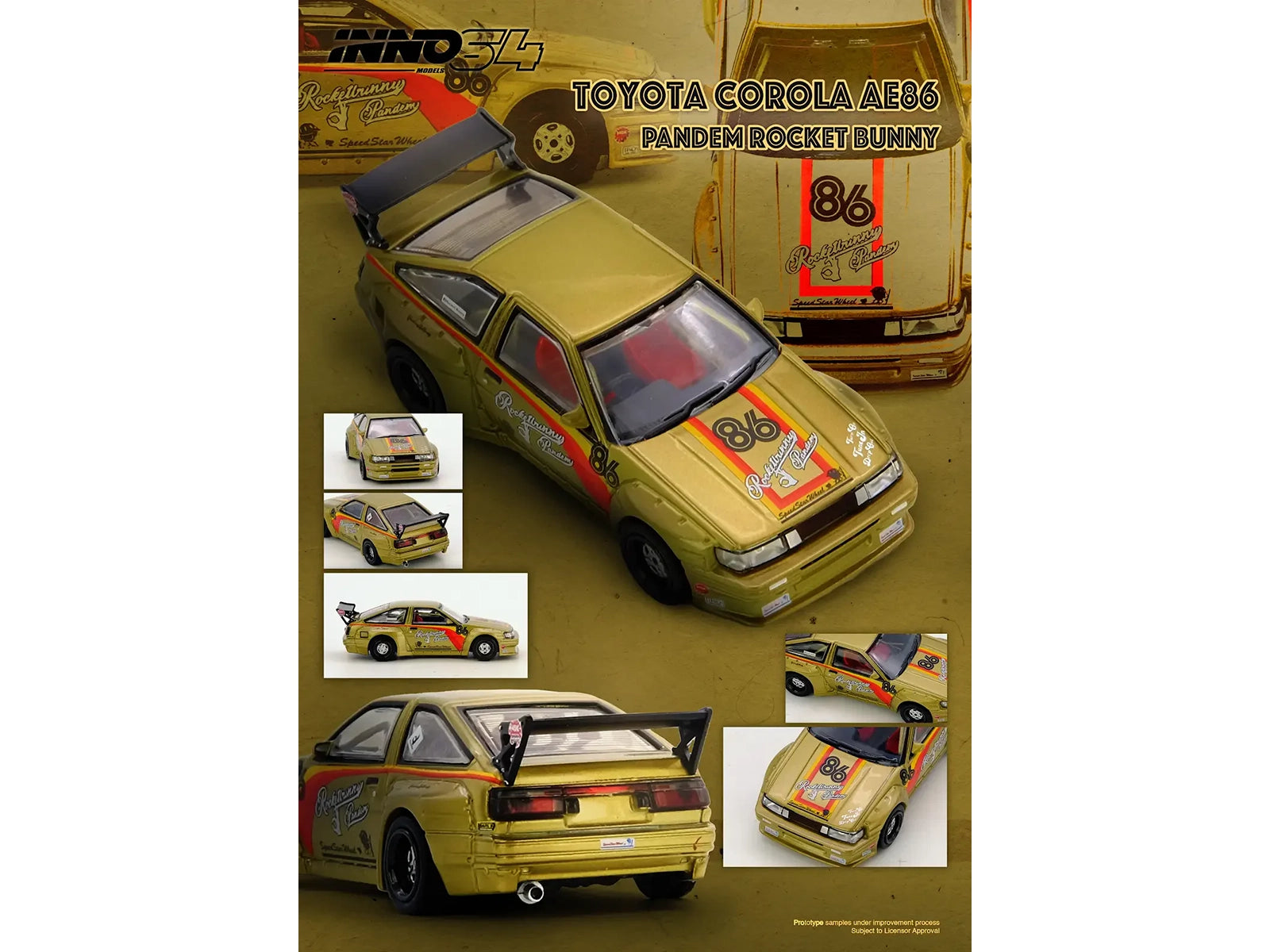 Toyota Levin (AE86) RHD (Right Hand Drive) #86 "Pandem Rocket Bunny" Gold Metallic with Stripes 1/64 Diecast Model Car by Inno Models