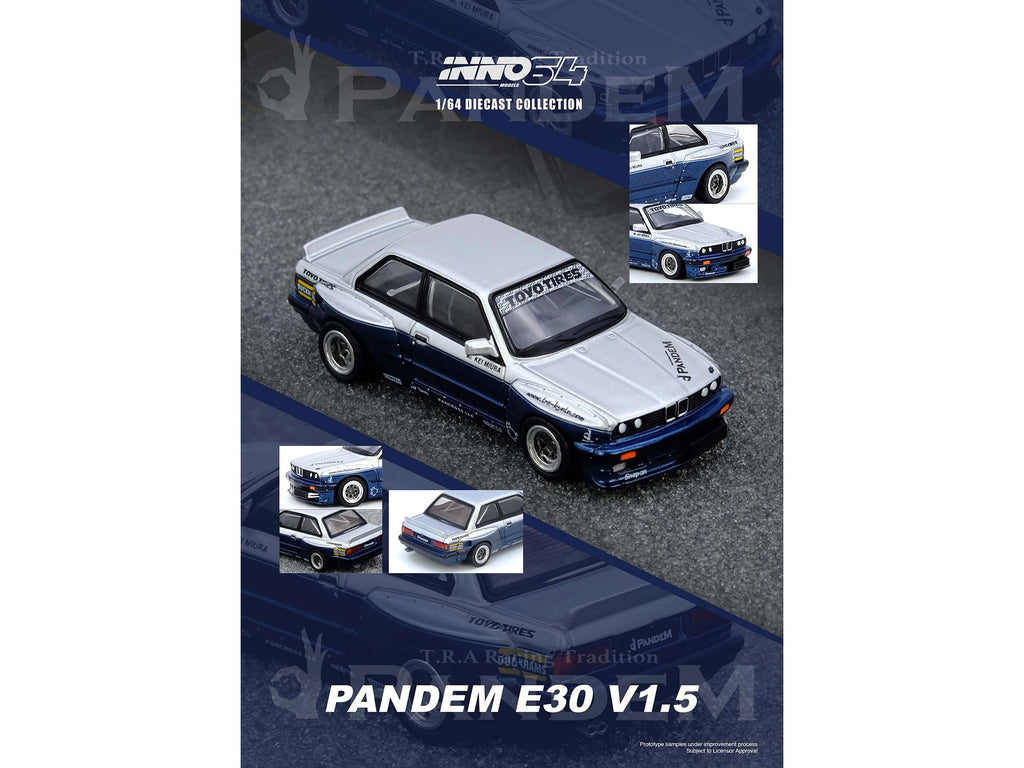 Pandem E30 M3 Silver Metallic and Dark Blue 1/64 Diecast Model Car by Inno Models - image 5