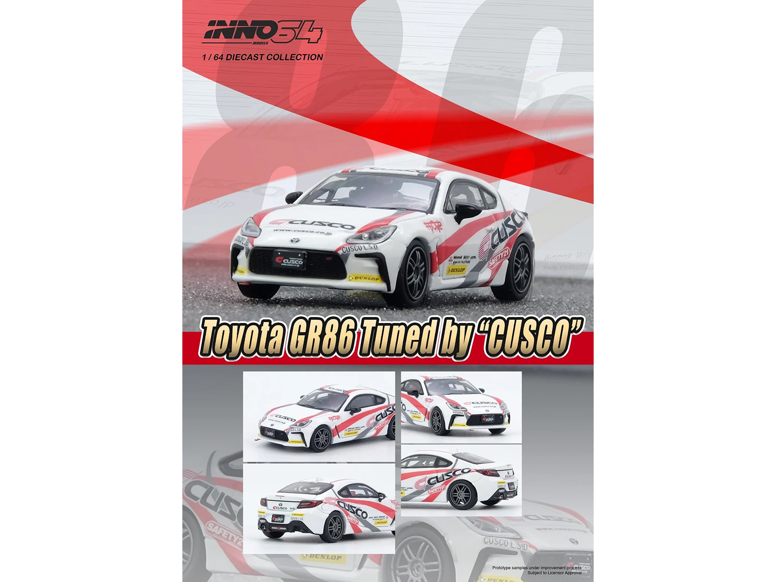 Toyota GR86 Tuned by "CUSCO" RHD (Right Hand Drive) White with Red and Gray Stripes 1/64 Diecast Model Car by Inno Models - image 3