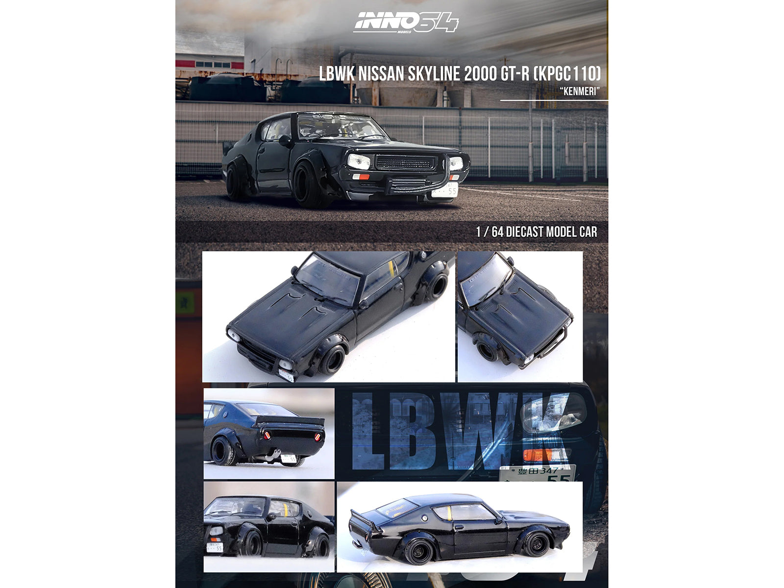 Nissan Skyline 2000 GT-R (KPGC110) RHD (Right Hand Drive) "LB-Works" Black 1/64 Diecast Model Car by Inno Models - image 4