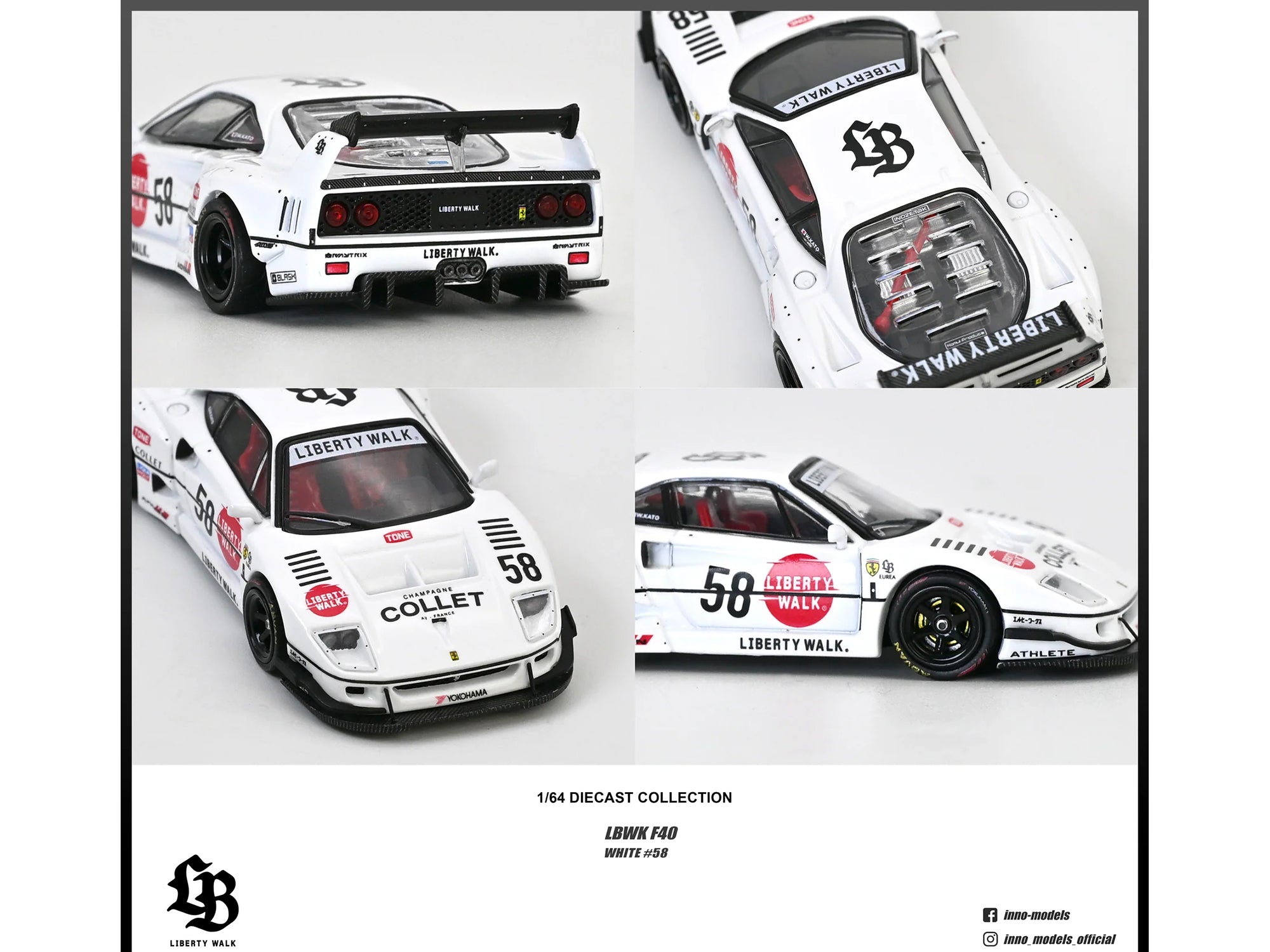 LBWK (Liberty Walk) F40 #58 White with Graphics "Collet" 1/64 Diecast Model Car by Inno Models