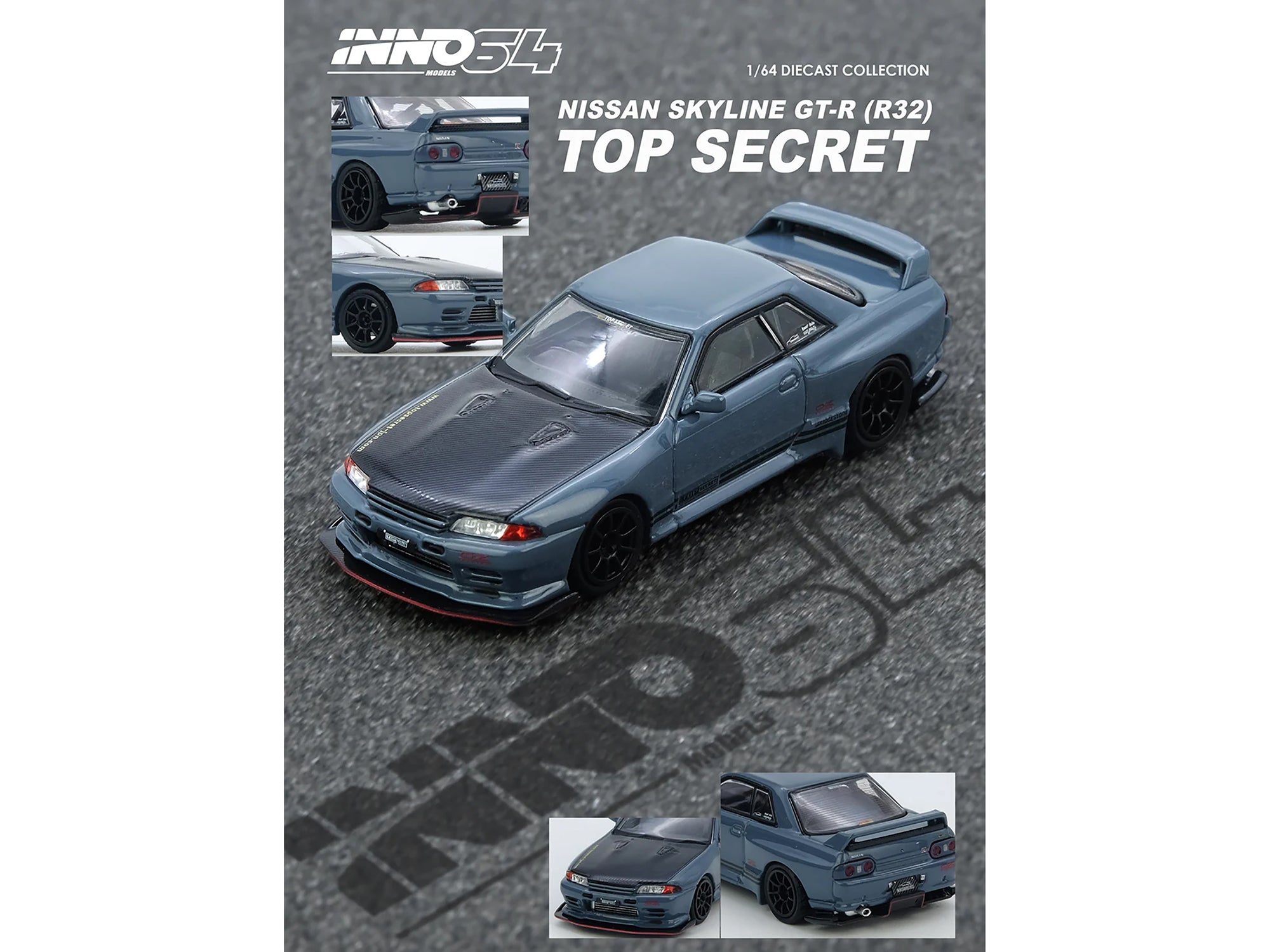 Nissan Skyline "Top Secret" GT-R (R32) RHD (Right Hand Drive) Stealth Gray with Carbon Hood 1/64 Diecast Model Car by Inno Models - image 2