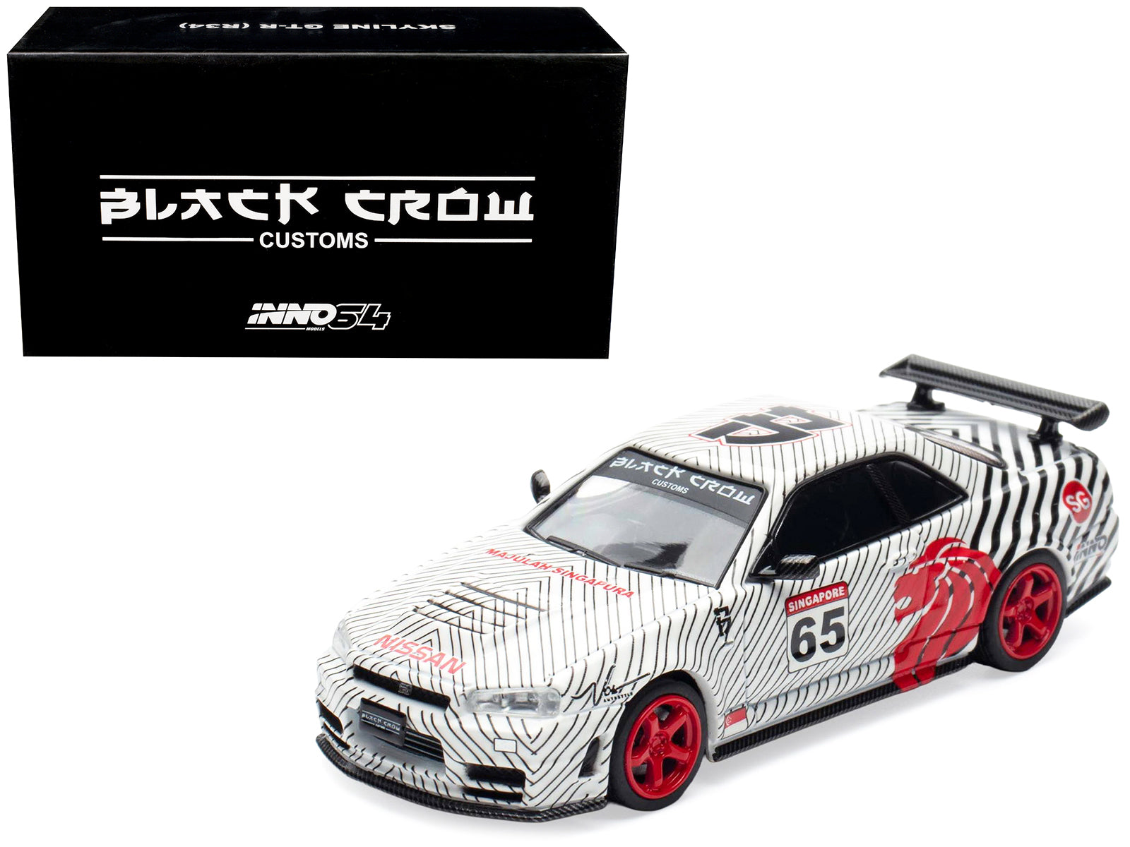 Nissan Skyline GT-R (R34) RHD (Right Hand Drive) #65 "Black Crow" White with Black Pinstripes "Singapore Diecast Expo 2025 Event Edition" 1/64 Diecast Model Car by Inno Models