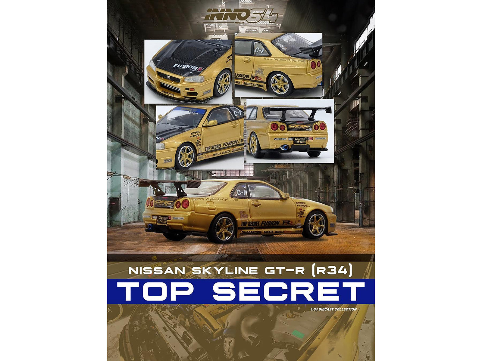 Nissan Skyline GT-R (R34) RHD (Right Hand Drive) "Top Secret" Gold Metallic with Carbon Hood and Trunk 1/64 Diecast Model Car by Inno Models - image 3