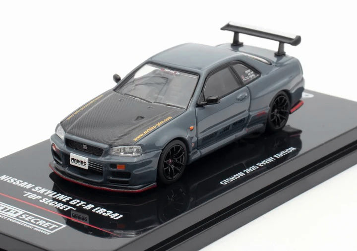 Nissan Skyline GT-R (R34) "Top Secret" RHD (Right Hand Drive) Stealth Gray with Carbon Hood "GTSHOW 2025 Event Edition" 1/64 Diecast Model Car by Inno Models - image 4