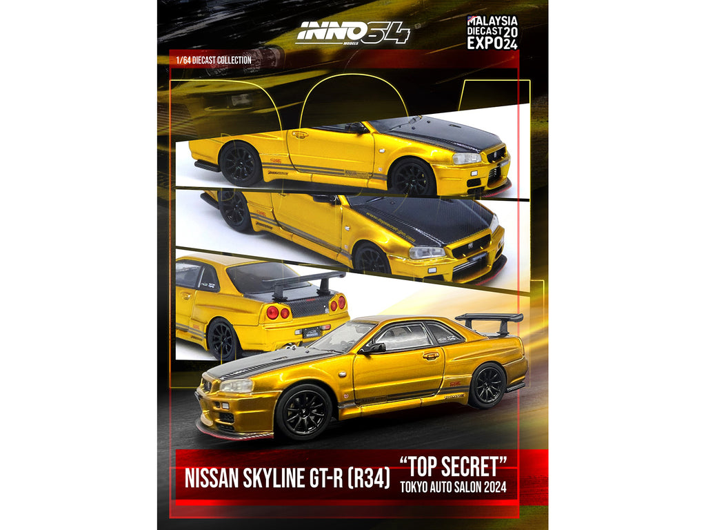 Nissan Skyline GT-R (R34) "Top Secret" RHD (Right Hand Drive) Gold Metallic with Carbon Hood and Trunk "Tokyo Auto Salon 2024 - Malaysia Diecast Expo 2024" 1/64 Diecast Model Car by Inno Models - image 4