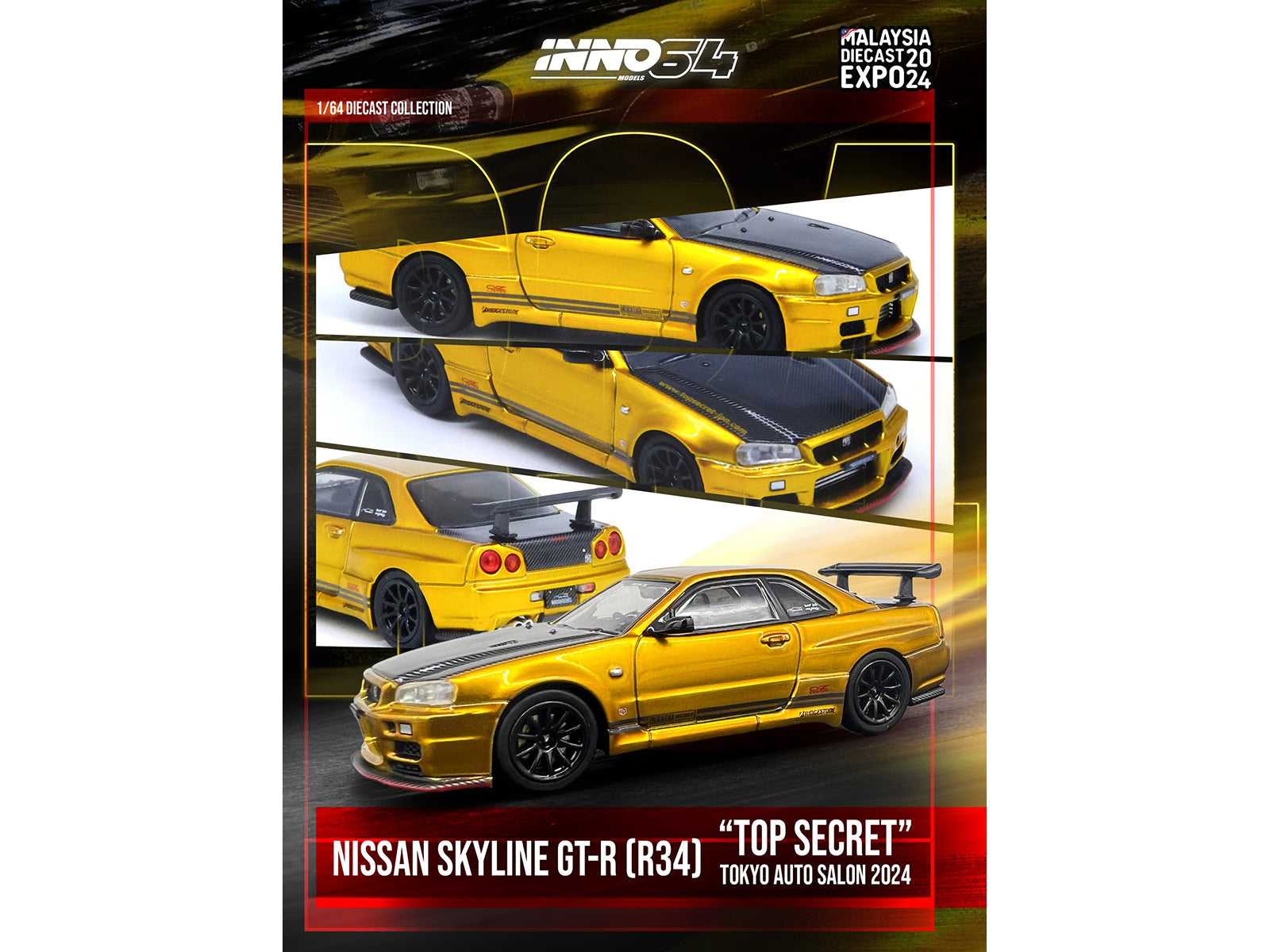 Nissan Skyline GT-R (R34) "Top Secret" RHD (Right Hand Drive) Gold Metallic with Carbon Hood and Trunk "Tokyo Auto Salon 2024 - Malaysia Diecast Expo 2024" 1/64 Diecast Model Car by Inno Models - image 4