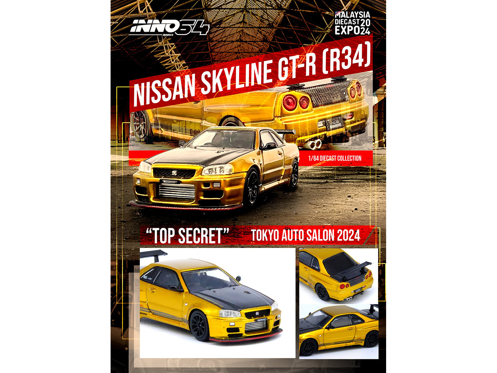 Nissan Skyline GT-R (R34) "Top Secret" RHD (Right Hand Drive) Gold Metallic with Carbon Hood and Trunk "Tokyo Auto Salon 2024 - Malaysia Diecast Expo 2024" 1/64 Diecast Model Car by Inno Models - image 5