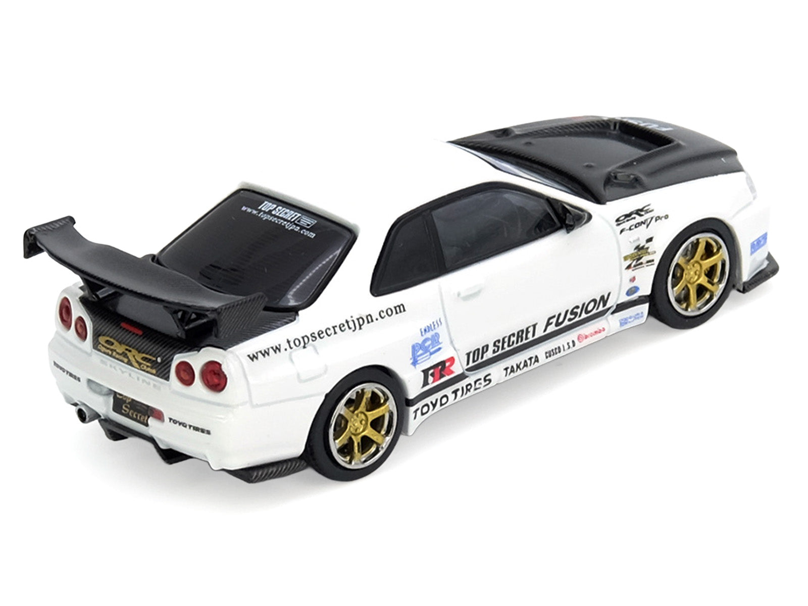 Nissan Skyline GT-R (R34) "Top Secret" RHD (Right Hand Drive) White with Carbon Hood 1/64 Diecast Model Car by Inno Models - image 2