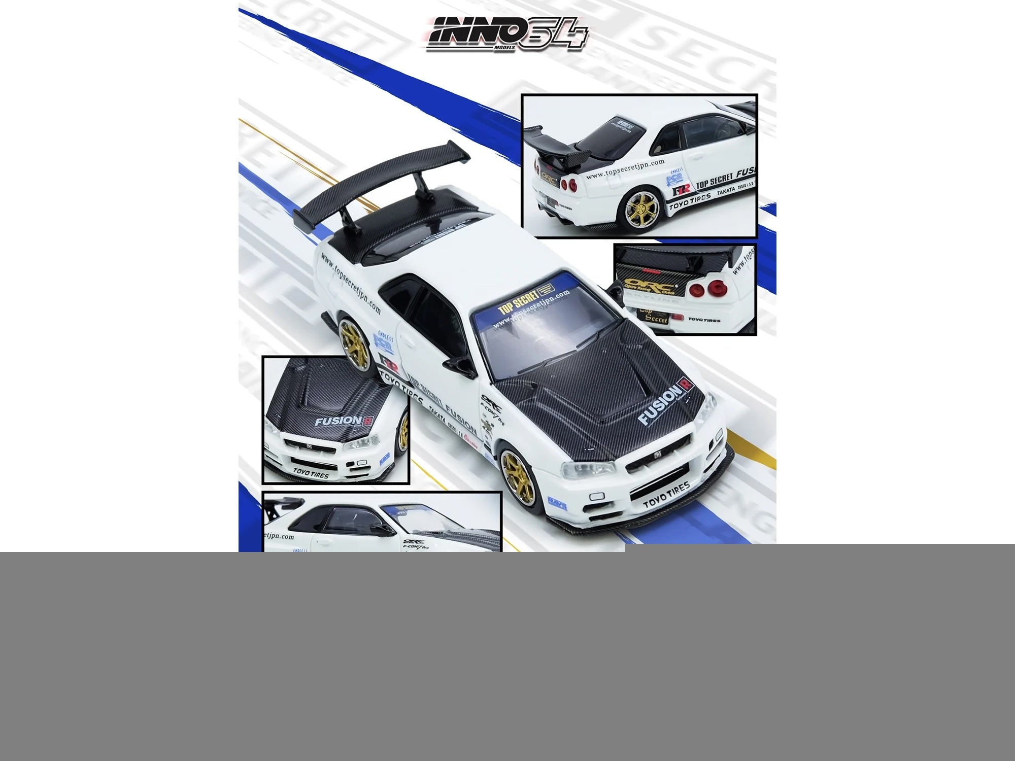 Nissan Skyline GT-R (R34) "Top Secret" RHD (Right Hand Drive) White with Carbon Hood 1/64 Diecast Model Car by Inno Models - image 4