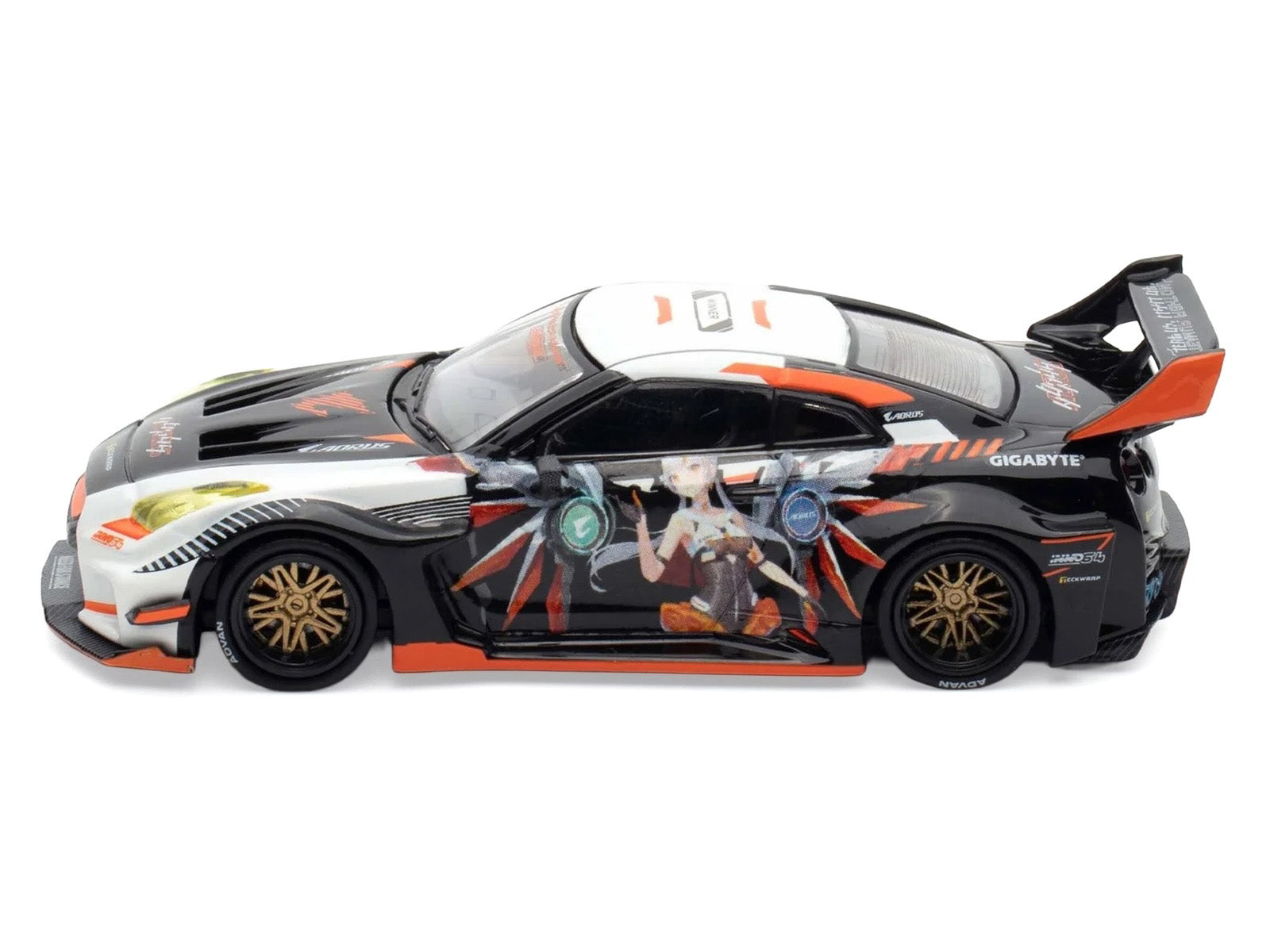 Nissan GT-R (R35) Widebody RHD (Right Hand Drive) Black and White with Graphics "AORUS X INNO64 Limited Edition" 1/64 Diecast Model Car by Inno Models - image 3