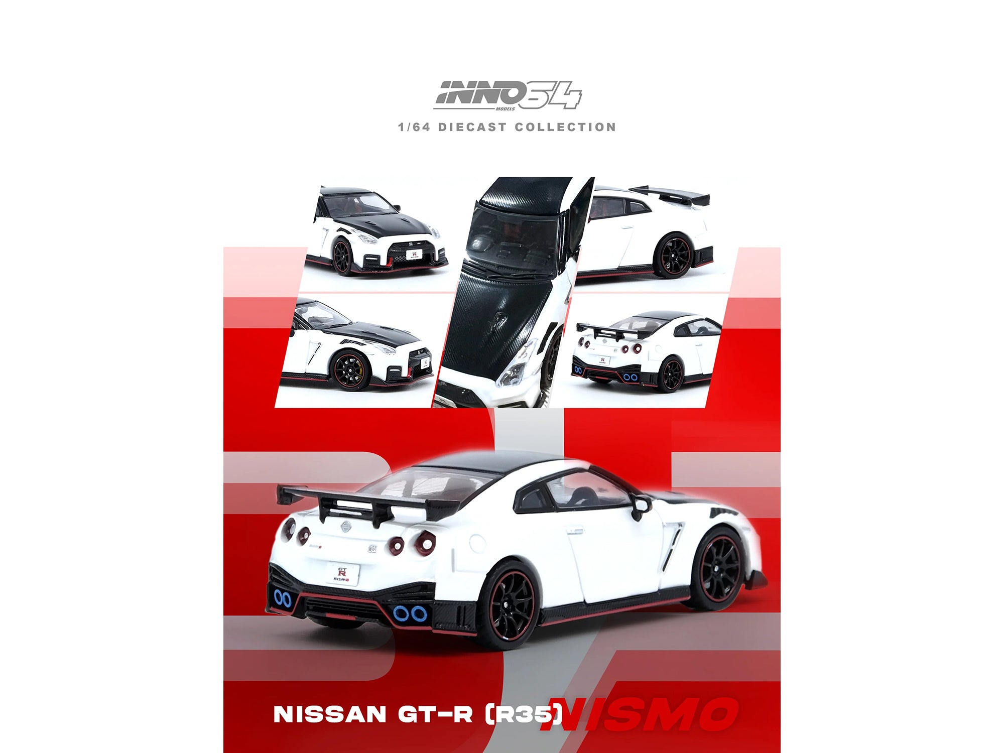 Nissan GT-R (R35) Nismo RHD (Right Hand Drive) White with Carbon Hood and Top 1/64 Diecast Model Car by Inno Models - image 4