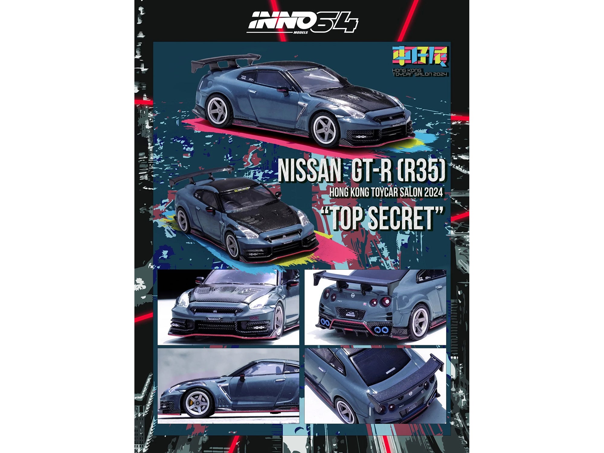 2024 Nissan GT-R (R35) Nismo "Top Secret" RHD (Right Hand Drive) Gray with Carbon Hood and Top "Hong Kong Toy Car Salon 2024 Special Edition" 1/64 Diecast Model Car by Inno Models - image 3