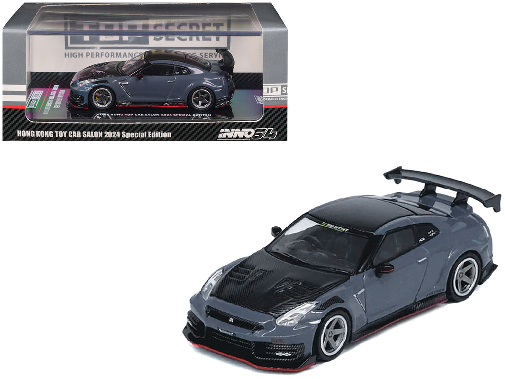 2024 Nissan GT-R (R35) Nismo "Top Secret" RHD (Right Hand Drive) Gray with Carbon Hood and Top "Hong Kong Toy Car Salon 2024 Special Edition" 1/64 Diecast Model Car by Inno Models