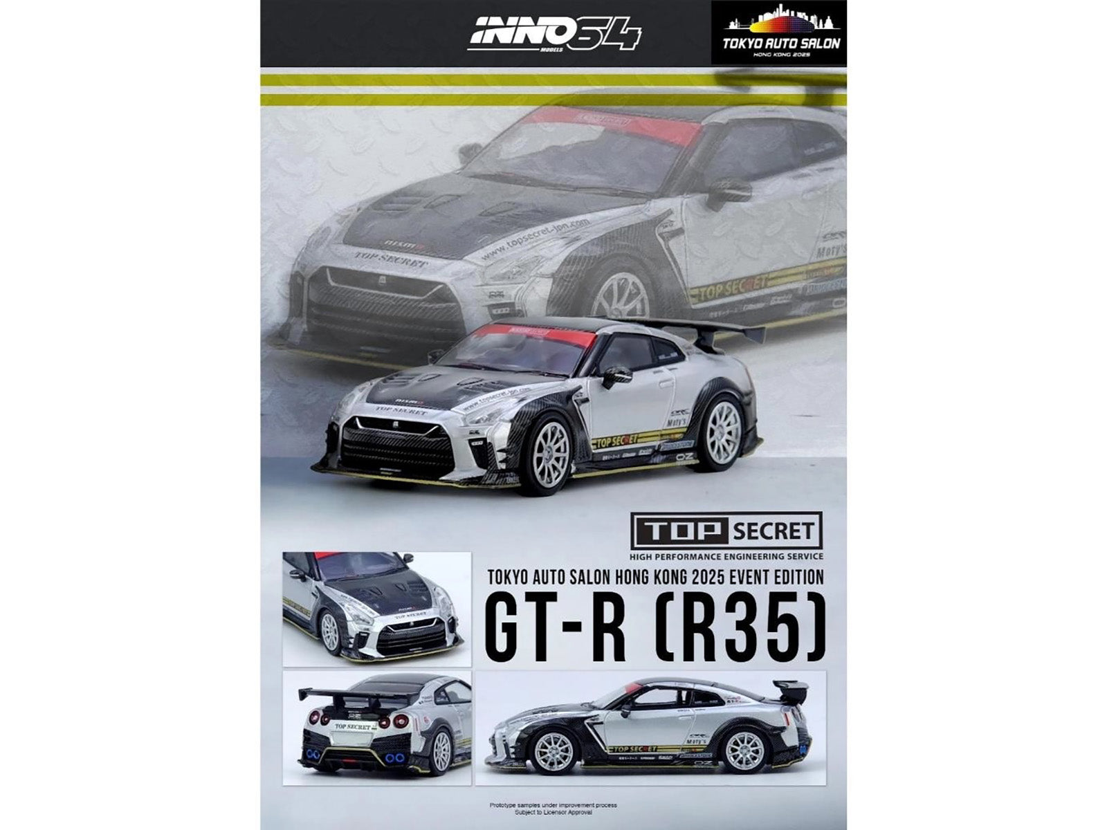 Nissan GT-R (R35) Top Secret RHD (Right Hand Drive) Silver Metallic with Carbon Hood and Top "Tokyo Auto Salon Hong Kong 2025 Event Edition" 1/64 Diecast Model Car by Inno Models - image 5