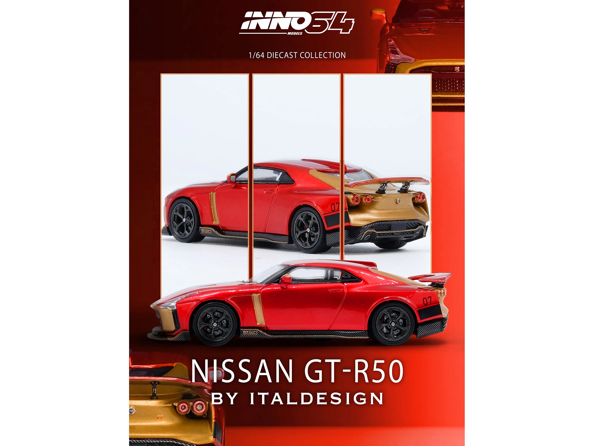 Nissan GT-R50 By ItalDesign Red Metallic with Gold Accents 1/64 Diecast Model Car by Inno Models - image 3