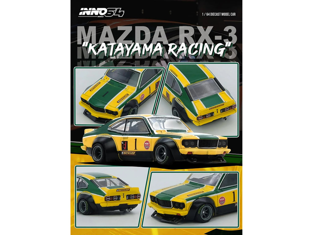 Mazda RX-3 Savanna RHD (Right Hand Drive) #1 "Katayama Racing Livery" Green and Yellow Striped 1/64 Diecast Model Car by Inno Models - image 2