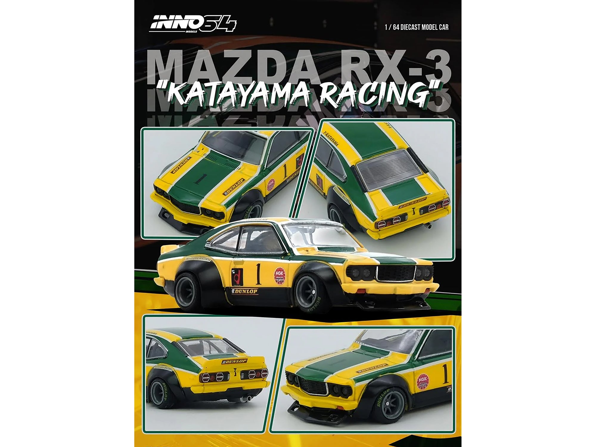 Mazda RX-3 Savanna RHD (Right Hand Drive) #1 "Katayama Racing Livery" Green and Yellow Striped 1/64 Diecast Model Car by Inno Models - image 2