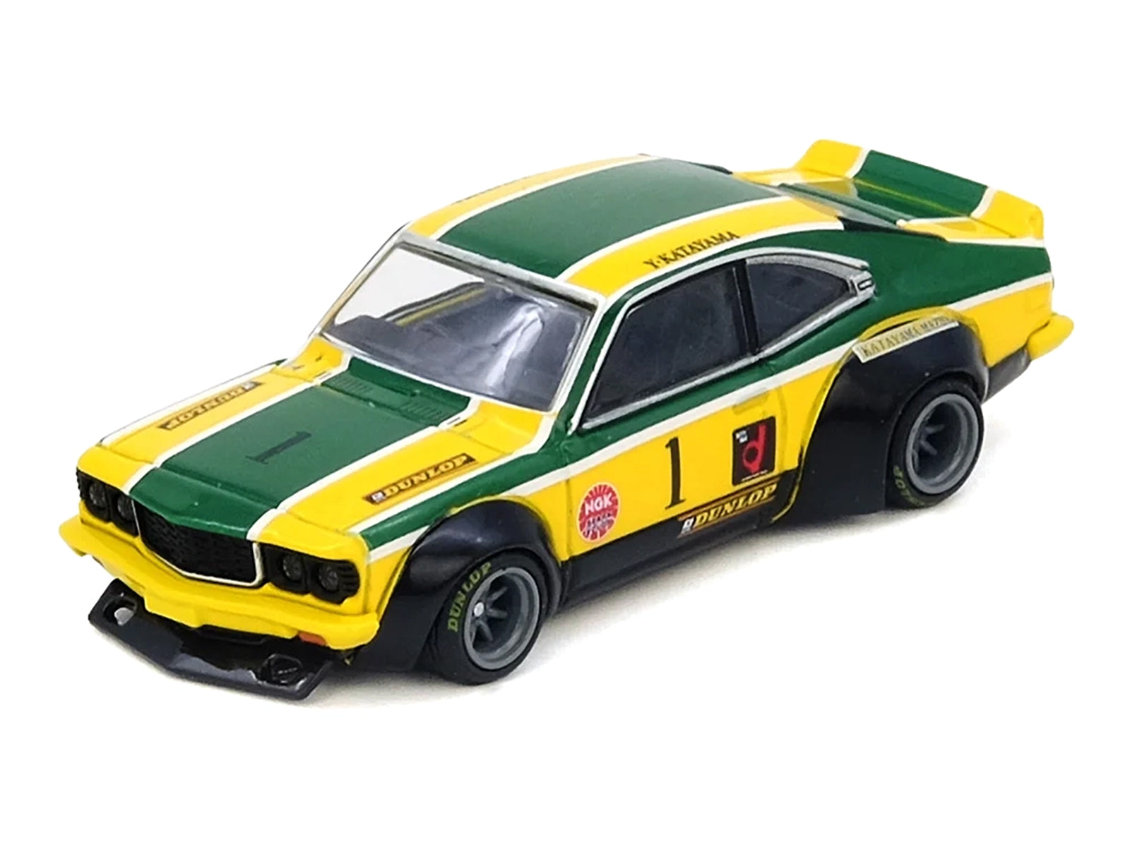 Mazda RX-3 Savanna RHD (Right Hand Drive) #1 "Katayama Racing Livery" Green and Yellow Striped 1/64 Diecast Model Car by Inno Models - image 3