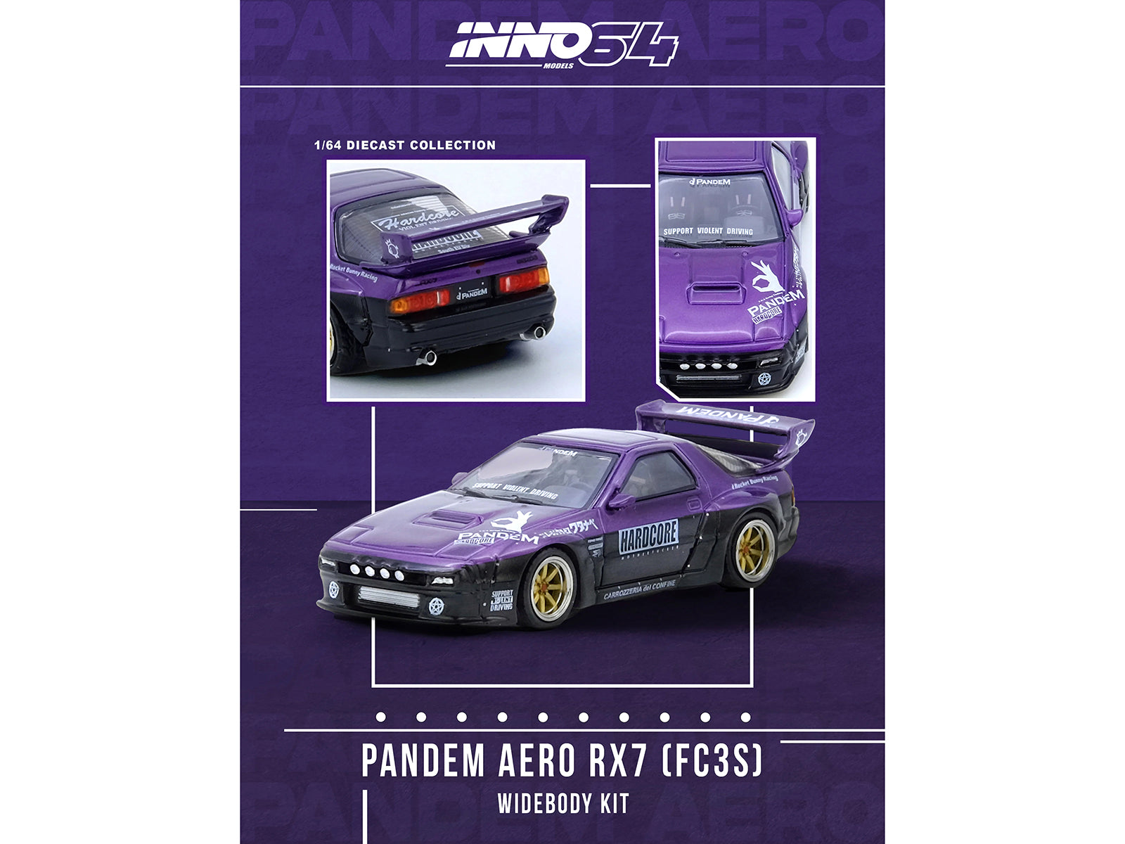 Mazda RX7 (FC3S) "Pandem Rocket Bunny" Kit Purple Metallic and Black 1/64 Diecast Model Car by Inno Models - image 4