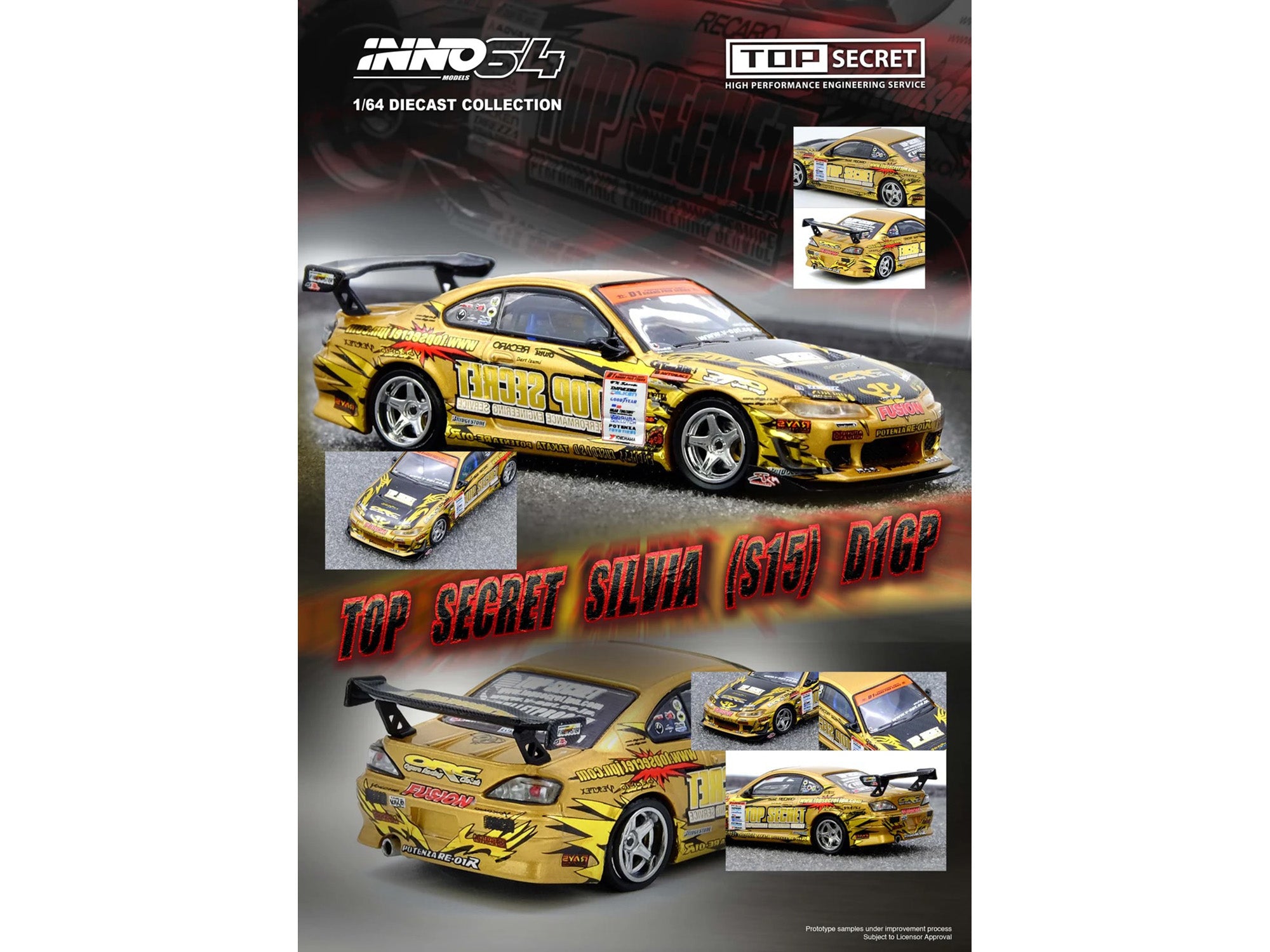 Nissan "Top Secret" Silvia (S15) RHD (Right Hand Drive) Ryuji Miki - Champion "D1 Grand Prix" (2004) 1/64 Diecast Model Car by Inno Models - image 4