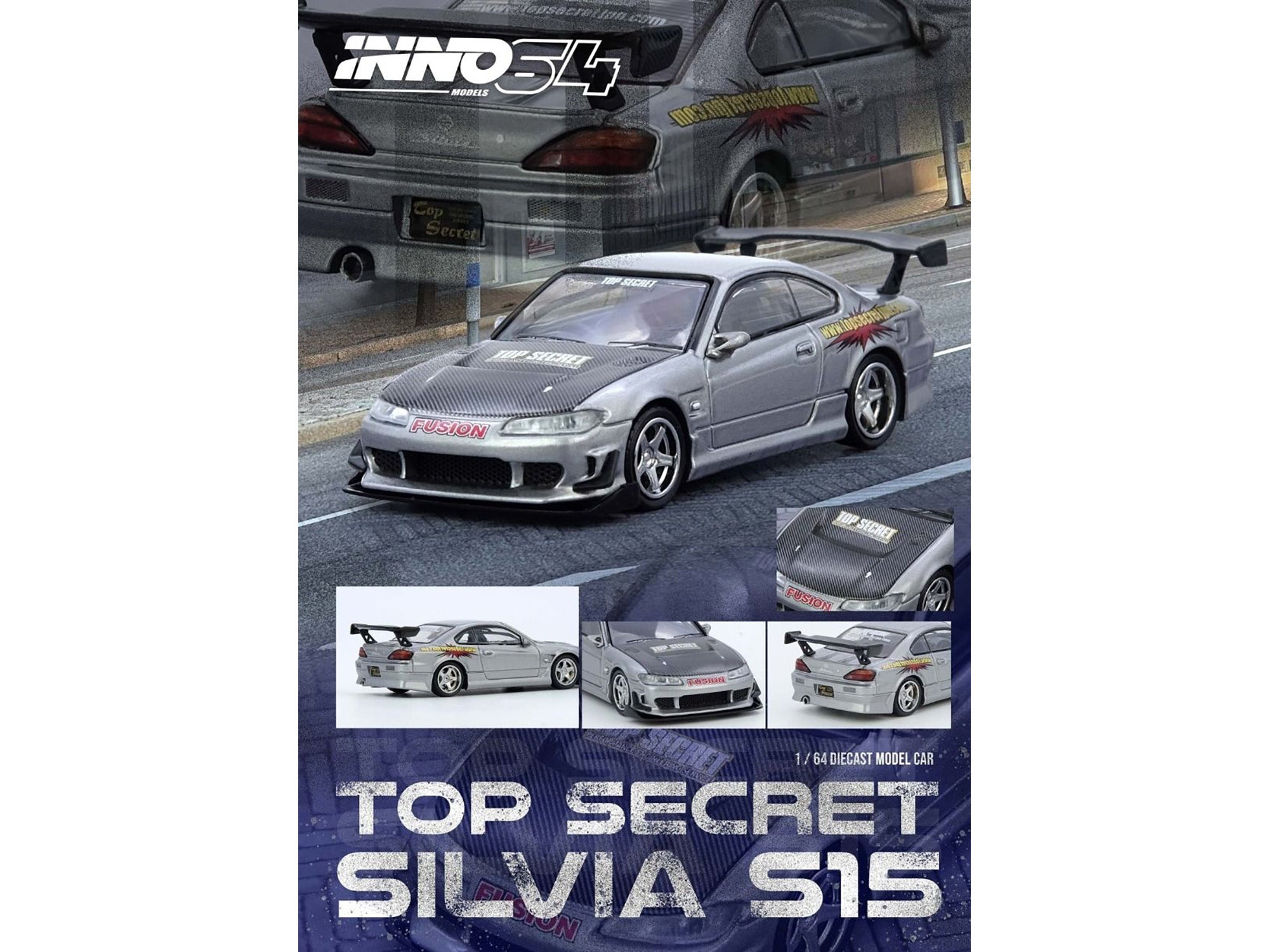 Nissan "Top Secret" Silvia (S15) RHD (Right Hand Drive) Silver Metallic with Carbon Hood 1/64 Diecast Model Car by Inno Models - image 4