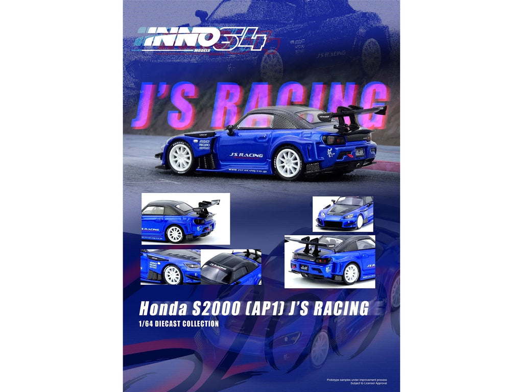 Honda S2000 RHD (Right Hand Drive) "J's Racing" Blue Metallic with Carbon Hood and Top 1/64 Diecast Model Car by Inno Models - image 4