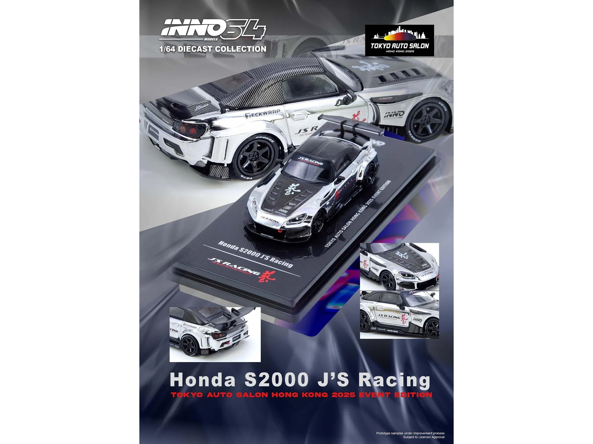 Honda S2000 RHD (Right Hand Drive) "J's Racing" Chrome Silver with Carbon Hood and Top with Graphics "Tokyo Auto Salon Hong Kong 2025 Event Edition" 1/64 Diecast Model Car by Inno Models - image 4