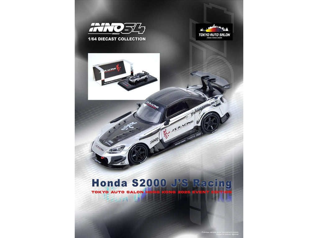 Honda S2000 RHD (Right Hand Drive) "J's Racing" Chrome Silver with Carbon Hood and Top with Graphics "Tokyo Auto Salon Hong Kong 2025 Event Edition" 1/64 Diecast Model Car by Inno Models - image 5
