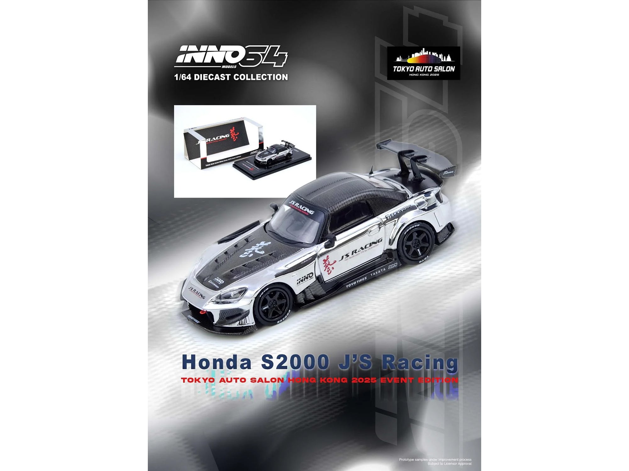 Honda S2000 RHD (Right Hand Drive) "J's Racing" Chrome Silver with Carbon Hood and Top with Graphics "Tokyo Auto Salon Hong Kong 2025 Event Edition" 1/64 Diecast Model Car by Inno Models - image 5