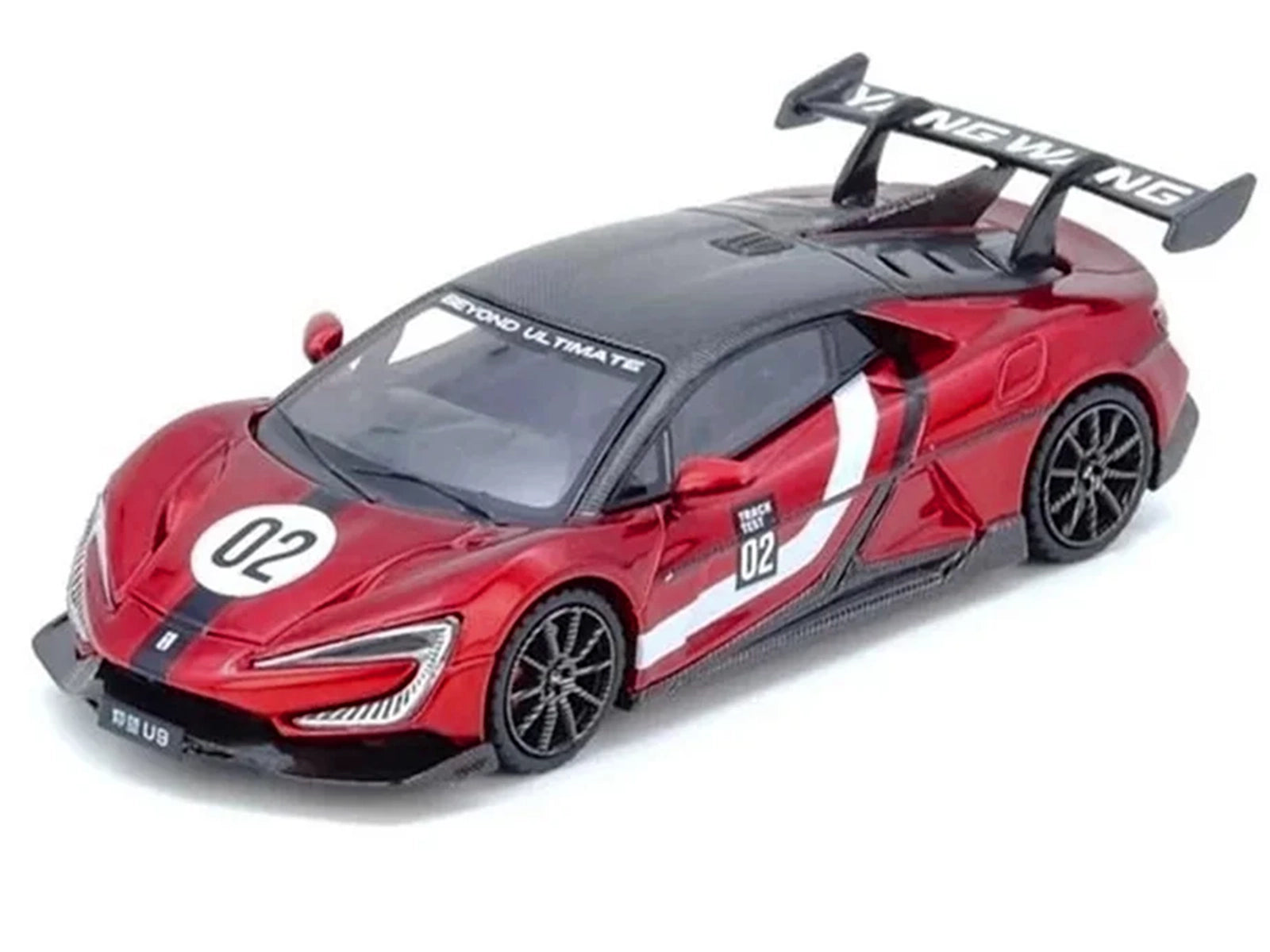 2025 Yangwang U9 Xtreme Test Car #02 Red Metallic with White Stripes and Carbon Top "World Fastest EV Supercar" 1/64 Diecast Model Car by Inno Models - image 2