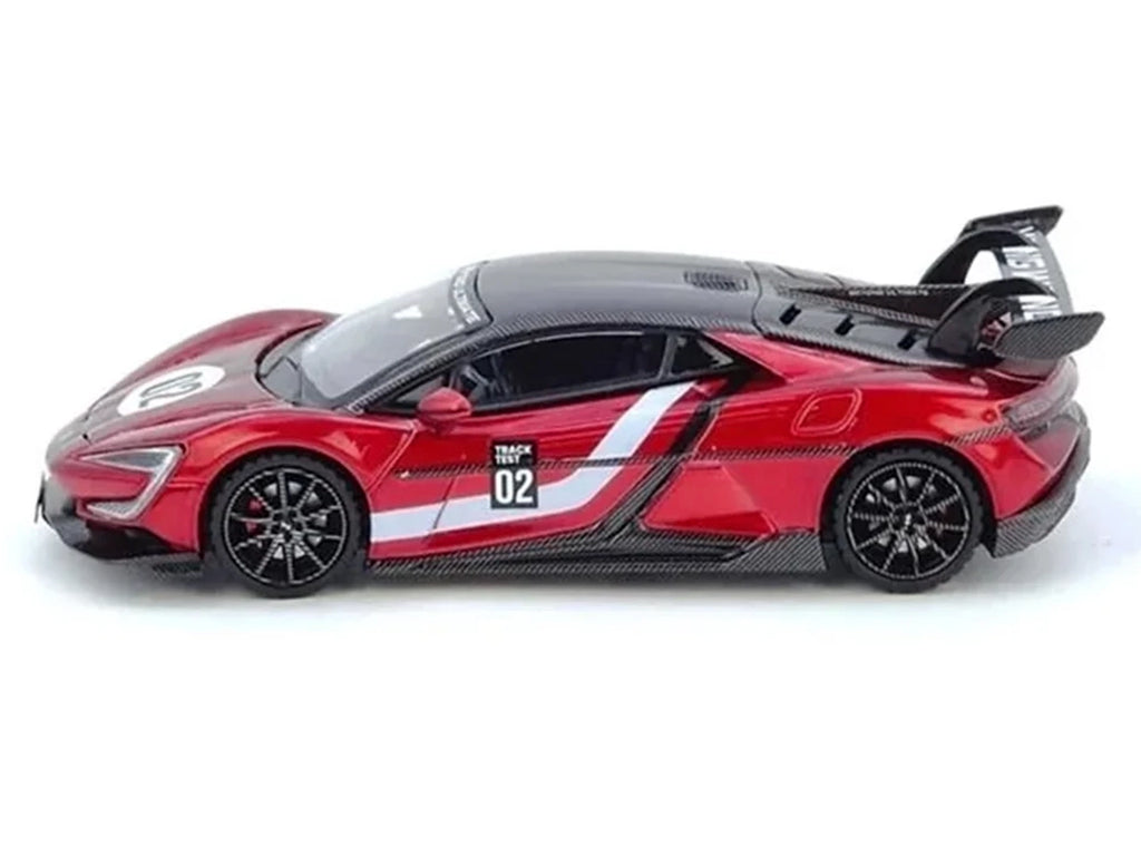 2025 Yangwang U9 Xtreme Test Car #02 Red Metallic with White Stripes and Carbon Top "World Fastest EV Supercar" 1/64 Diecast Model Car by Inno Models - image 3