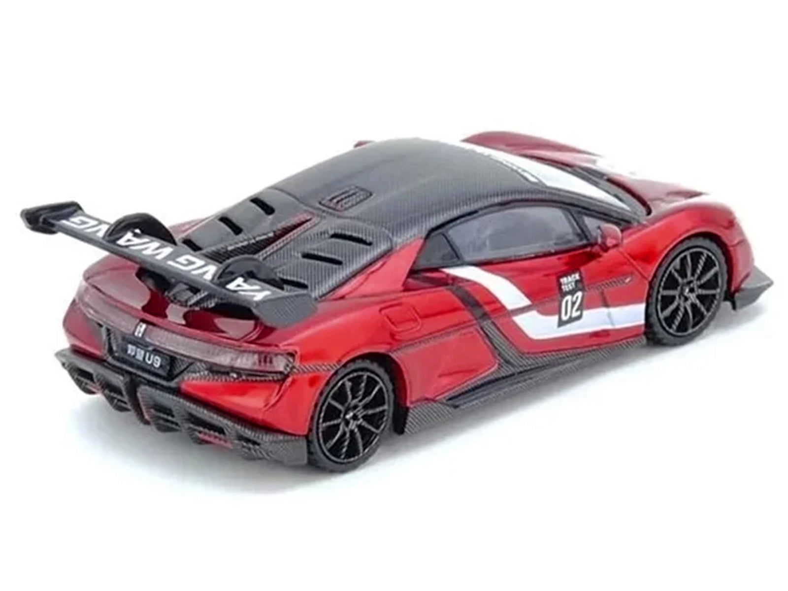 2025 Yangwang U9 Xtreme Test Car #02 Red Metallic with White Stripes and Carbon Top "World Fastest EV Supercar" 1/64 Diecast Model Car by Inno Models - image 4