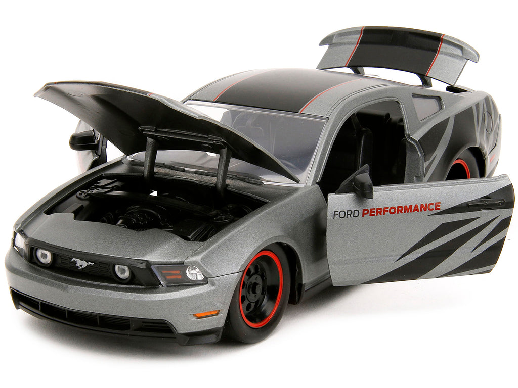 2010 Ford Mustang GT Matt Gray Metallic with Black Graphics and Stripes "Ford Performance" "Bigtime Muscle" Series 1/24 Diecast Model Car by Jada - image 2