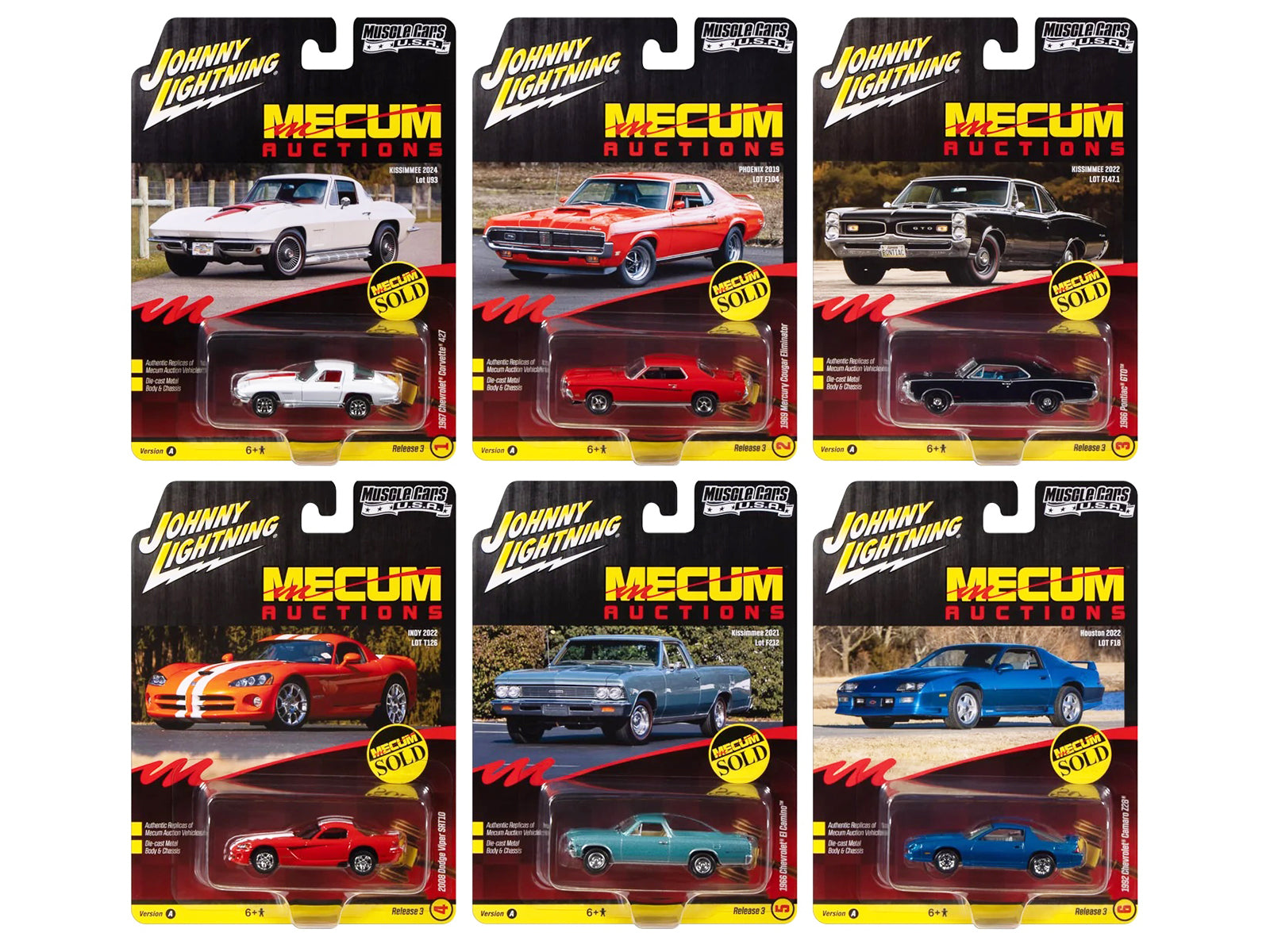 "Muscle Cars USA" 2025 Release 3 Set A of 6 pieces "MECUM Auctions" 1/64 Diecast Model Cars by Johnny Lightning
