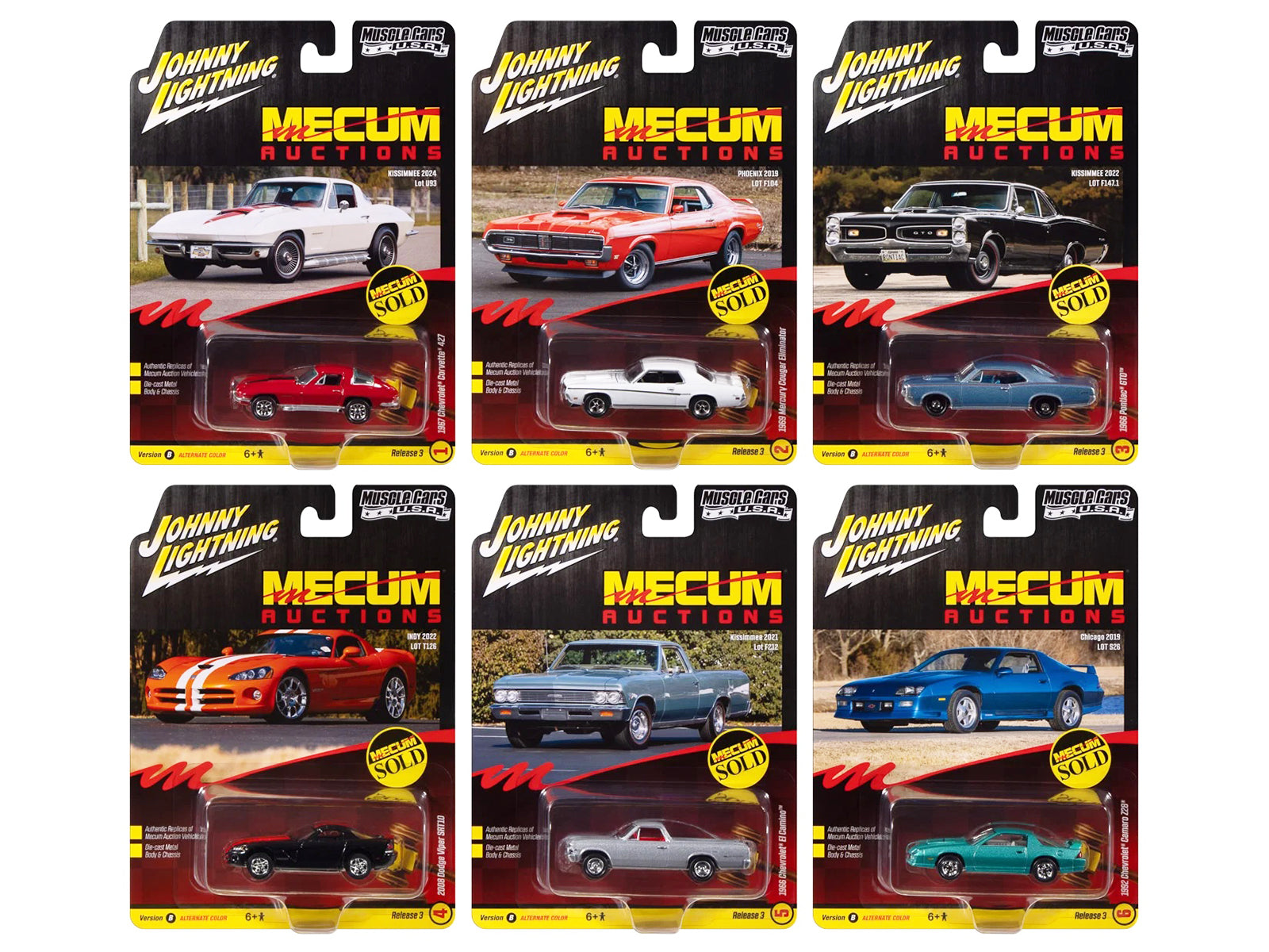 "Muscle Cars USA" 2025 Release 3 Set B of 6 pieces "MECUM Auctions" 1/64 Diecast Model Cars by Johnny Lightning