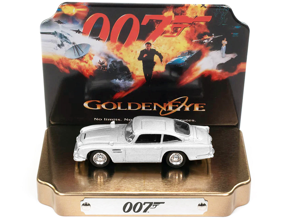 Aston Martin DB5 RHD (Right Hand Drive) Silver Metallic 007 (James Bond) "GoldenEye" (1995) Movie with Collectible Tin Display "Silver Screen Machines" Series 1/64 Diecast Model Car by Johnny Lightning - image 2
