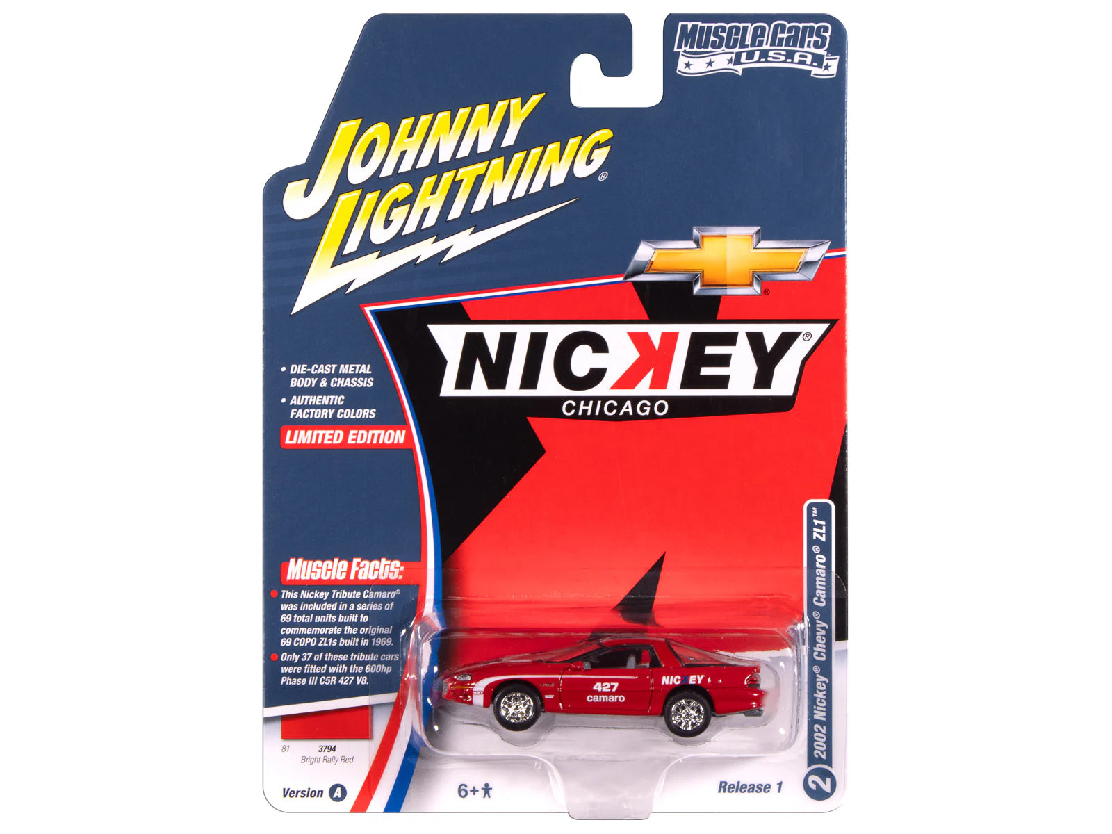2002 Chevrolet Nickey Camaro ZL1 Bright Rally Red with White Stripes "Muscle Cars USA" Series 1/64 Diecast Model Car by Johnny Lightning - image 3