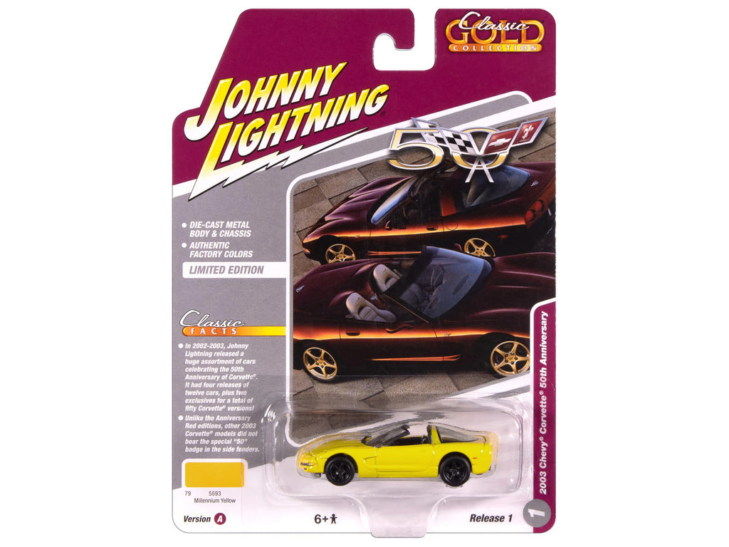 2003 Chevrolet Corvette Convertible "50th Anniversary" Millennium Yellow "Classic Gold Collection" 1/64 Diecast Model Car by Johnny Lightning - image 3