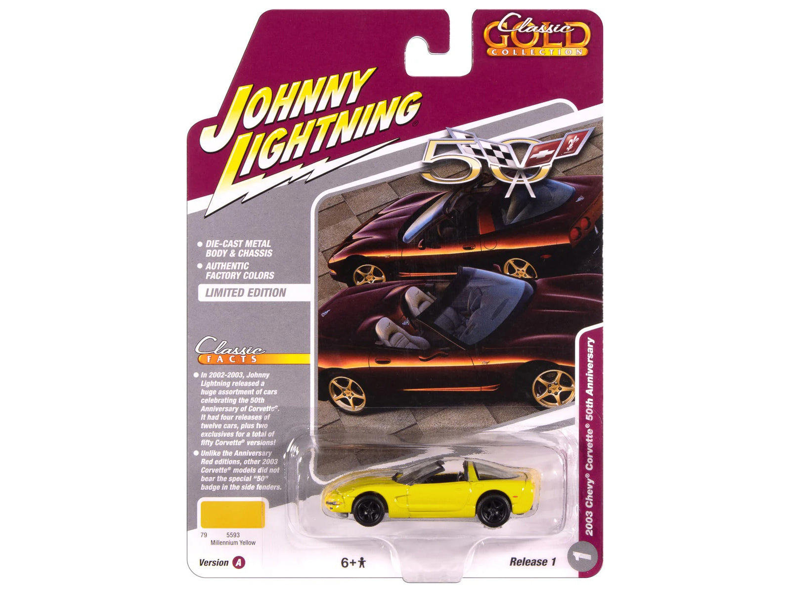 2003 Chevrolet Corvette Convertible "50th Anniversary" Millennium Yellow "Classic Gold Collection" 1/64 Diecast Model Car by Johnny Lightning - image 3