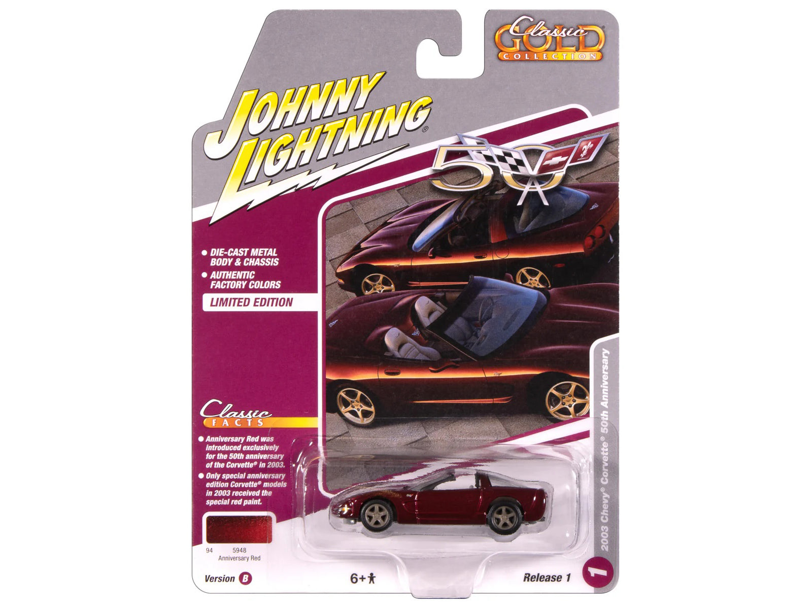 2003 Chevrolet Corvette Convertible "50th Anniversary" Anniversary Red Metallic "Classic Gold Collection" 1/64 Diecast Model Car by Johnny Lightning