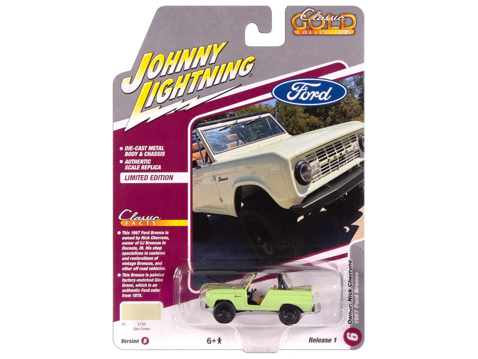 1967 Ford Bronco "Nick Cherrone" Glen Green "Classic Gold Collection" 1/64 Diecast Model Car by Johnny Lightning - image 3