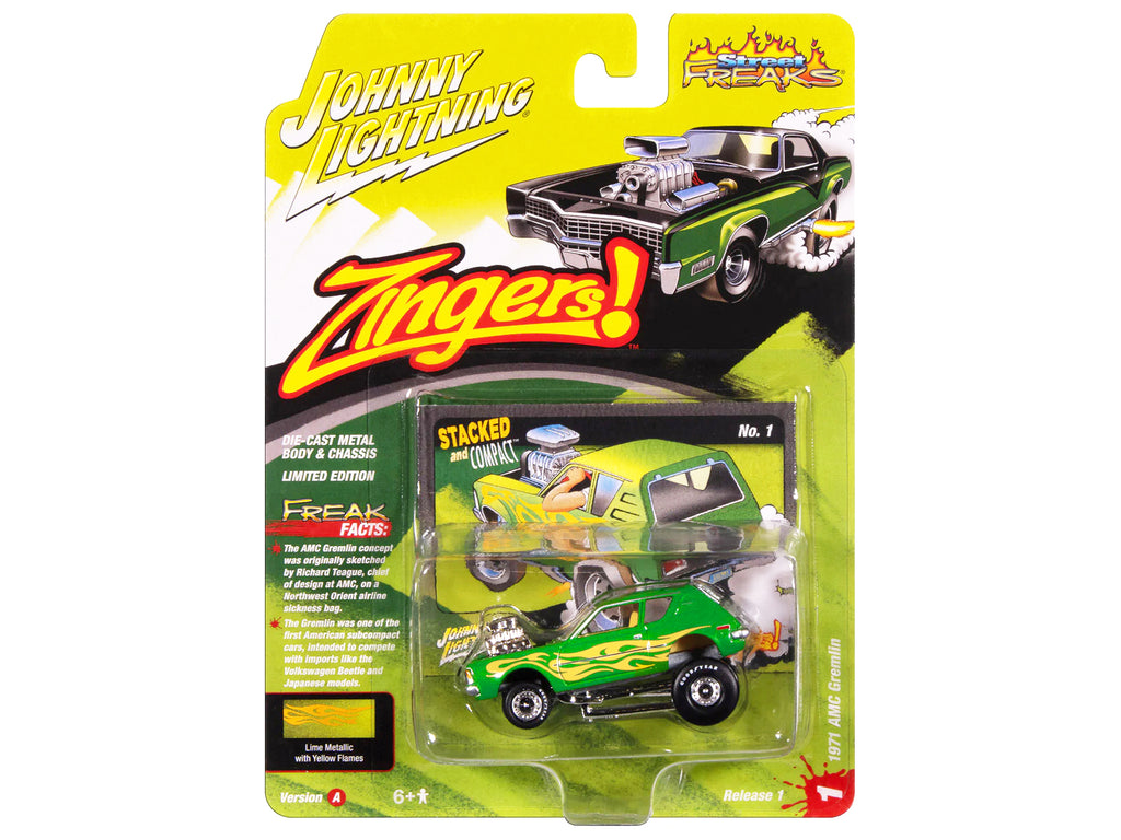 1971 AMC Gremlin Lime Green Metallic with Yellow Flames and Interior "Zingers!" Series 1/64 Diecast Model Car by Johnny Lightning - image 3